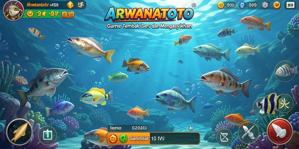 Tangkapan layar utama ARWANATOTO menampilkan aksi seru dalam gameplay Tembak Ikan.