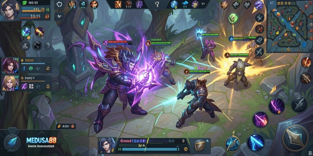 Screenshot gameplay MOBA yang menunjukkan aksi pertarungan seru.
