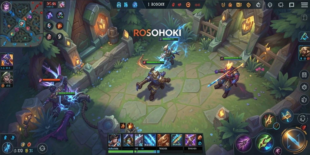 Tangkapan layar gameplay seru ROSOHOKI di arena MOBA.
