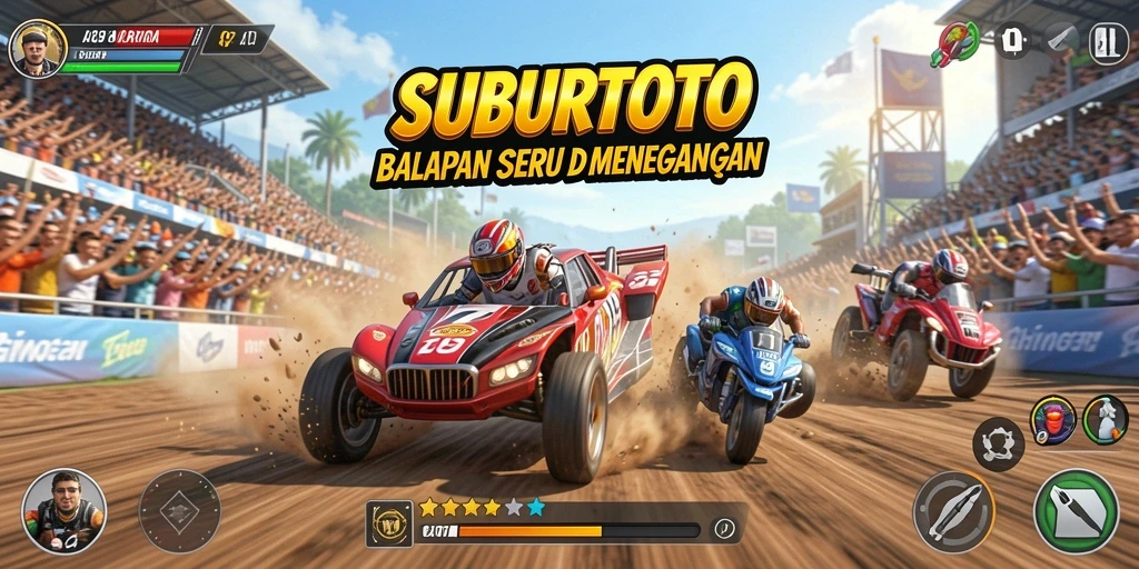 Tampilan gameplay SUBURTOTO dengan mobil balap yang mendebarkan.