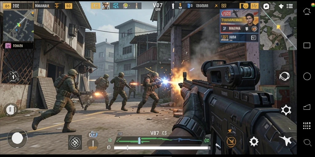 Tampilan gameplay intens V87 dalam pertempuran FPS.