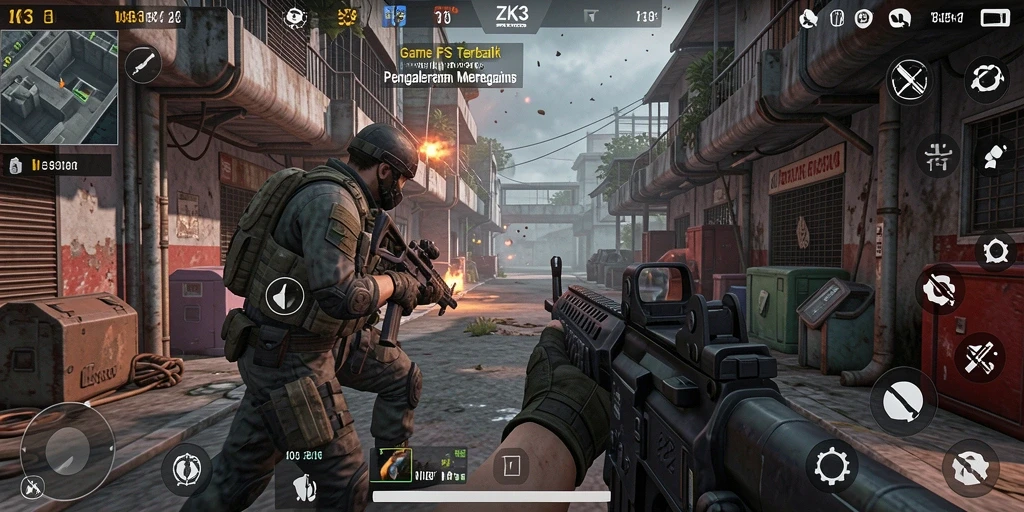 Tampilan gameplay ZK3 yang intens dan mendebarkan dalam mode FPS.